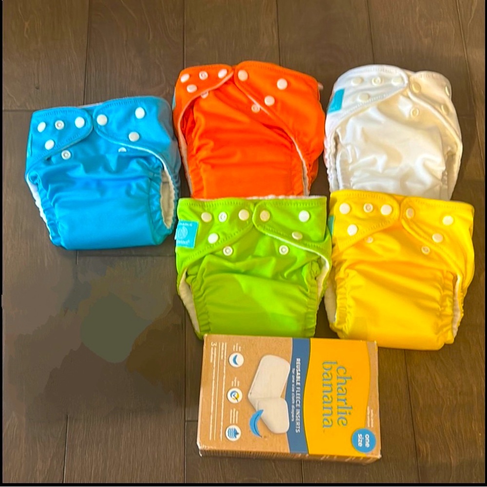 5 New Charlie Banana Reusable Cloth Diapers - with 3 extra inserts